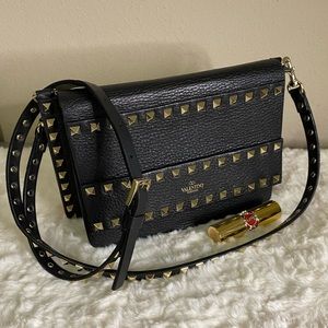Valentino Small Rockstud Grainy Calfskin Crossbody Bag Black